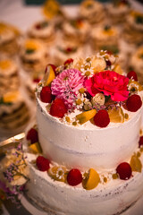 Hochzeitstorte, Süßspeise mit Erdbeeren und festlich geschmückt