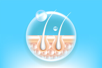 Hyaluronic acid and Niacinamide gray hair and skin solutions ad, blue collagen serum drops into skin cell with cosmetic advertising background ready to use, illustration vector.