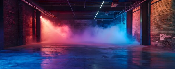 Brick Corridor with Fog and Colorful Neon Lights