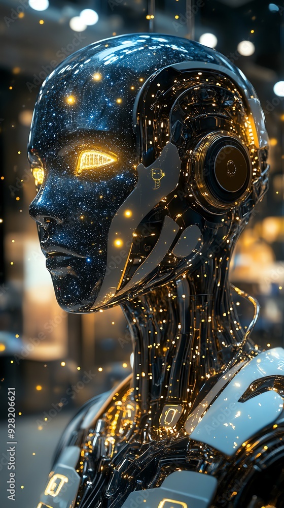 Poster Futuristic robot with glowing eyes and circuits.