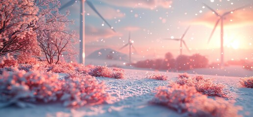Snowy landscape with wind turbines in the background, pink sky and soft light. Dreamy and magical scene for nature lovers and fantasy enthusiasts.