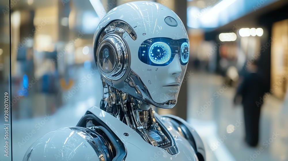 Aufkleber futuristic robot with led eyes in a showcase.