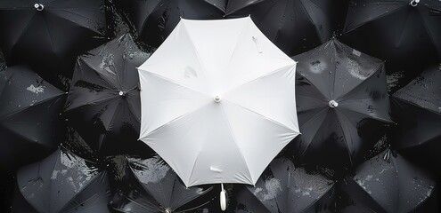 One white umbrella stands out amongst a sea of black umbrellas. Concept of individuality, standing out, uniqueness, difference, being different.