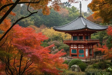 Colorful autumn fall foliage at Japanese Temple