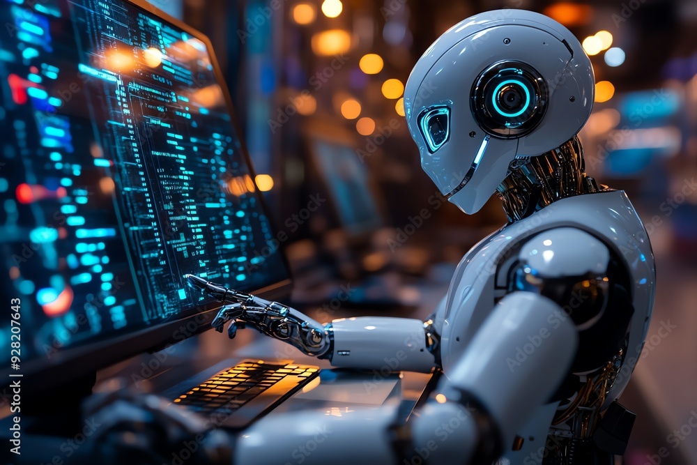 Aufkleber Futuristic Robot Working on a Computer.