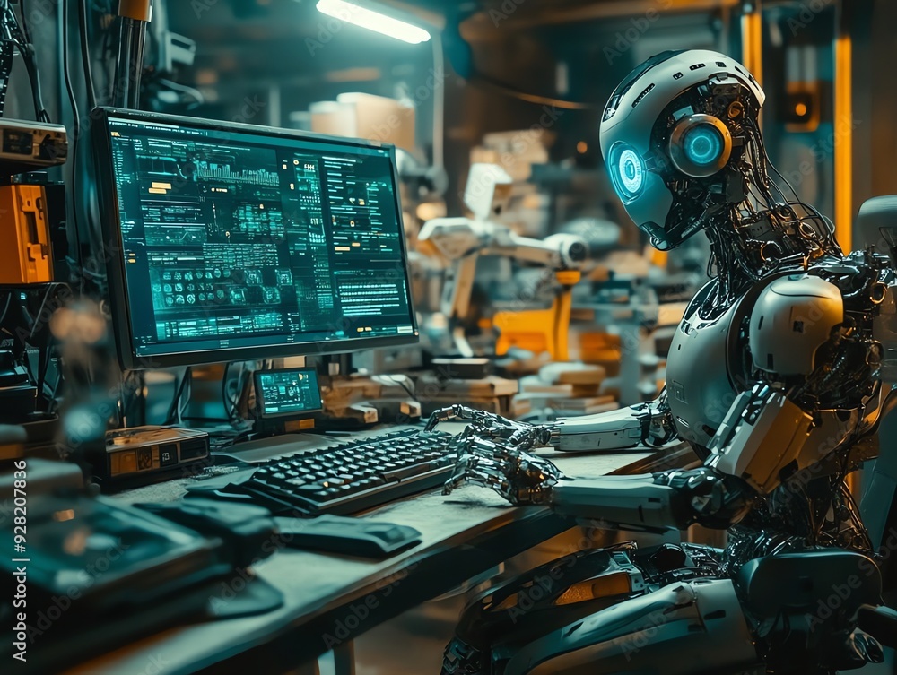 Poster Futuristic Robot Working on a Computer.