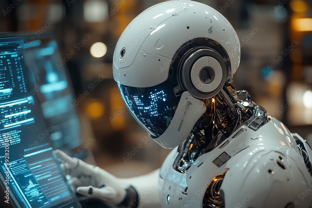 Poster futuristic robot working on computer.