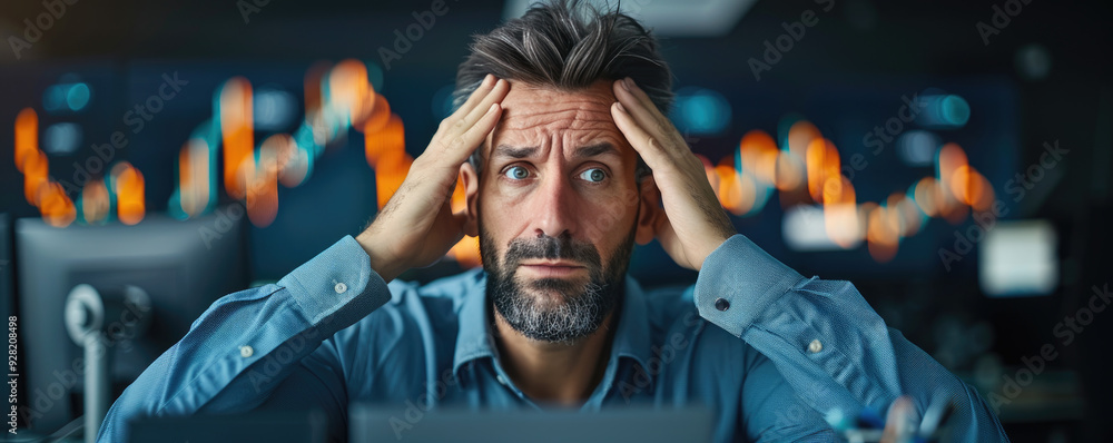 Poster stressed analyst in front of computer, analyzing fluctuating data with intense focus, reflecting pre