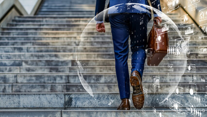 Corporate executive walking up stairs with a briefcase, integrated with advanced digital interfaces and global communication networks