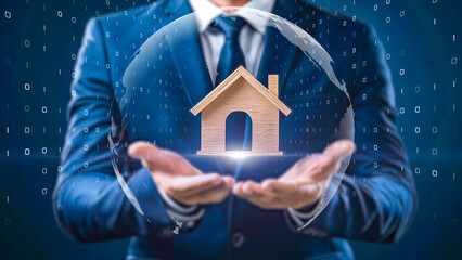 Corporate professional holding a house model, highlighting real estate and technology integration
