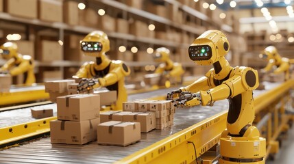 Fototapeta premium Warehouse interior filled with robotic arms sorting and packing items on conveyor belts in motion