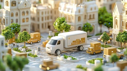 3D city with autonomous logistics vehicles moving on designated routes, guided by AI, autonomous city logistics, 3D illustration, urban delivery network