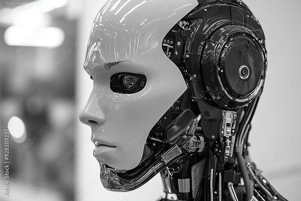 Aufkleber Futuristic robotic head with exposed wires and circuits.