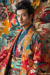 Naklejka premium 伝統的なローブを着たアジア人男性の鮮やかな肖像画