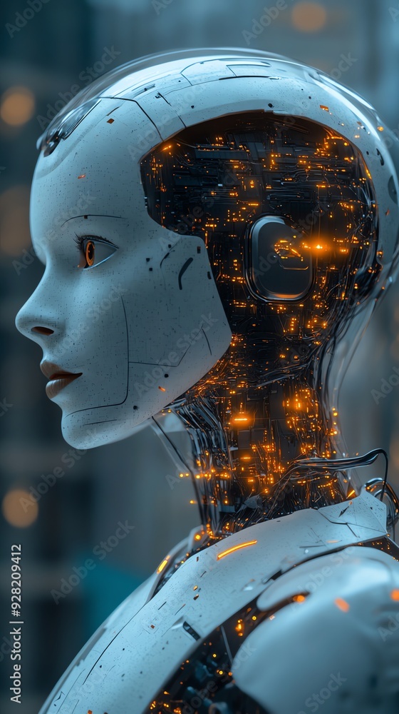 Poster futuristic robotic head with glowing circuitry.