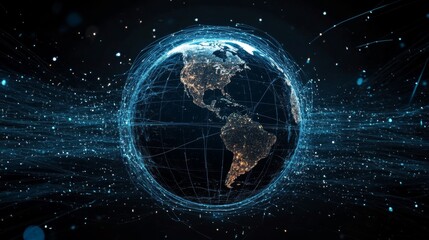 Obraz premium A blue digital network surrounds a glowing globe of earth.