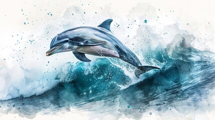 Fototapeta premium Playful Dolphin Leaping Out of Water with Joyful Splashes on White Background