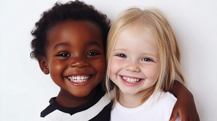 black child and white child smiling and hugging on white background