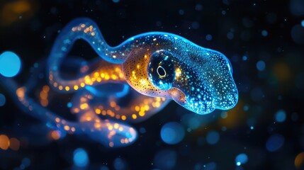 Close-up of a bioluminescent squid's luminous body and tentacles illuminating the ocean depths