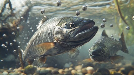 Detailed 3D close-up of salmon in the act of spawning, with eggs floating in a crystal-clear river