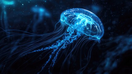 Detailed close-up of a bioluminescent jellyfish in the remote depths of the ocean, surrounded by the void of emptiness