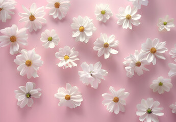 White flowers on a pink background.