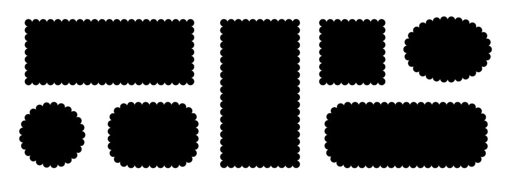 Border frame scallop edge rectangle, oval, round vector shape. Wave scallop squiggle cute simple rectangle border set. Simple wavy squiggly line retro photo picture frame. Vector illustration