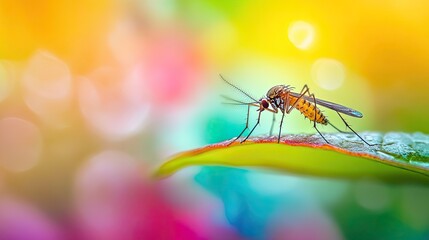 Fototapeta premium Macro shot of a mosquito perched on a leaf, with colorful, soft-focus nature scenery behind it