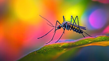 Macro shot of a mosquito perched on a leaf, with colorful, soft-focus nature scenery behind it