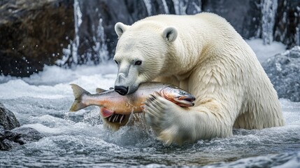 Photo of a polar bear enjoying a meal of salmon, with the cold, stark Arctic environment surrounding it