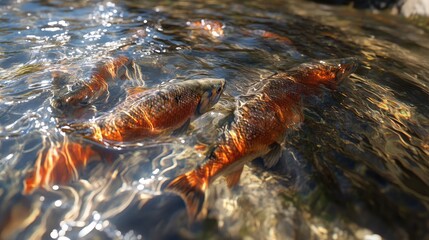 Realistic 3D image of salmon spawning in a clear river, with eggs highlighted in the flowing water