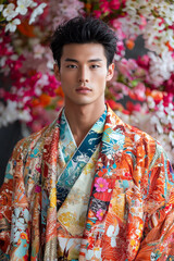 Obraz premium 伝統的なローブを着たアジア人男性の鮮やかな肖像画