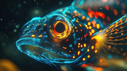 Stunning 3D close-up of a bioluminescent fish with a brilliant light show in its oceanic realm