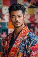 Obraz premium 伝統的なローブを着たアジア人男性の鮮やかな肖像画