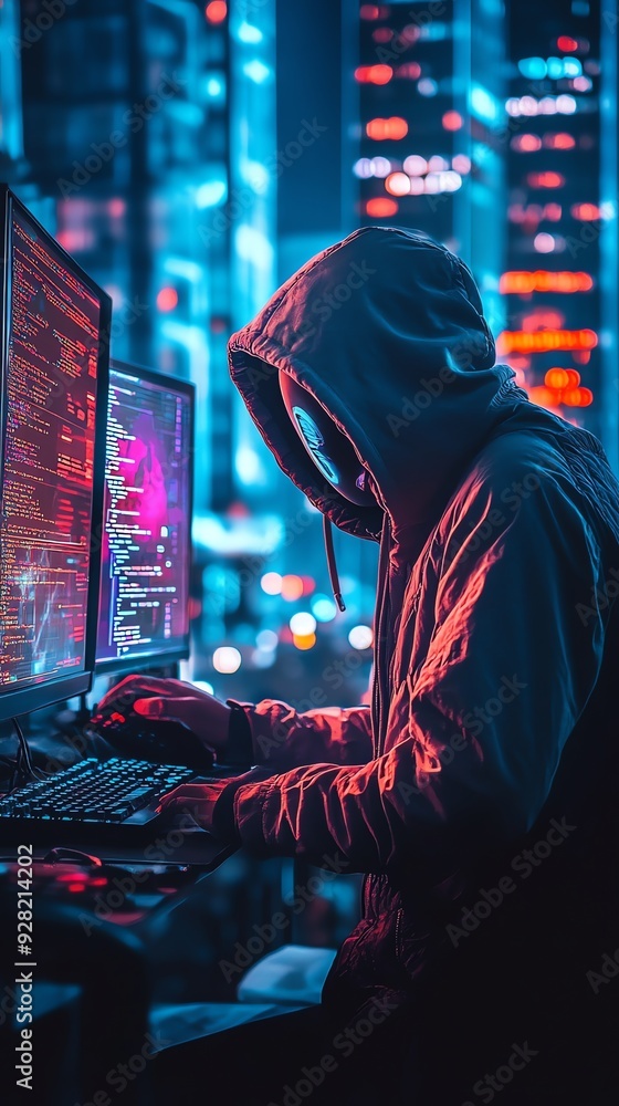 Poster Hacker in neon city working on computer.