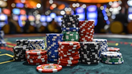 Naklejka premium Casino Poker Chips On Green Felt Table