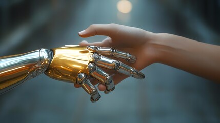 Obraz premium Human and robot hand shaking.