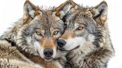 Fototapeta premium Two gray wolves put their heads close to each other isolated on a white background