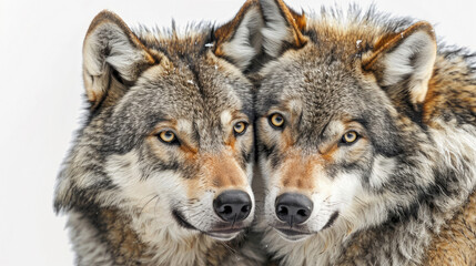 Naklejka premium Two gray wolves put their heads close to each other isolated on a white background