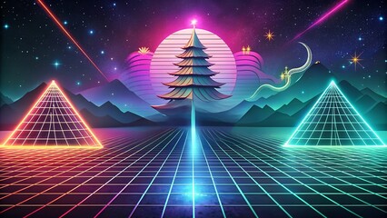 A futuristic neon landscape featuring impressive pyramids with vibrant and colorful visuals