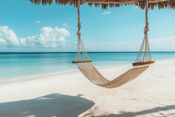A tranquil beach scene featuring a hammock under a thatched roof, perfect for relaxation and enjoying the ocean view.