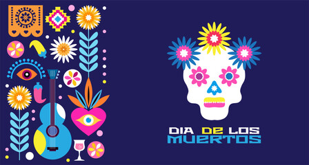Naklejka premium Dia de Los Muertos, Day of the Dead or Halloween greeting card, banner, background Sugar skulls, candle, maracas, guitar, sombrero, marigold flowers, Сalavera la Catrina skeleton Vector illustration