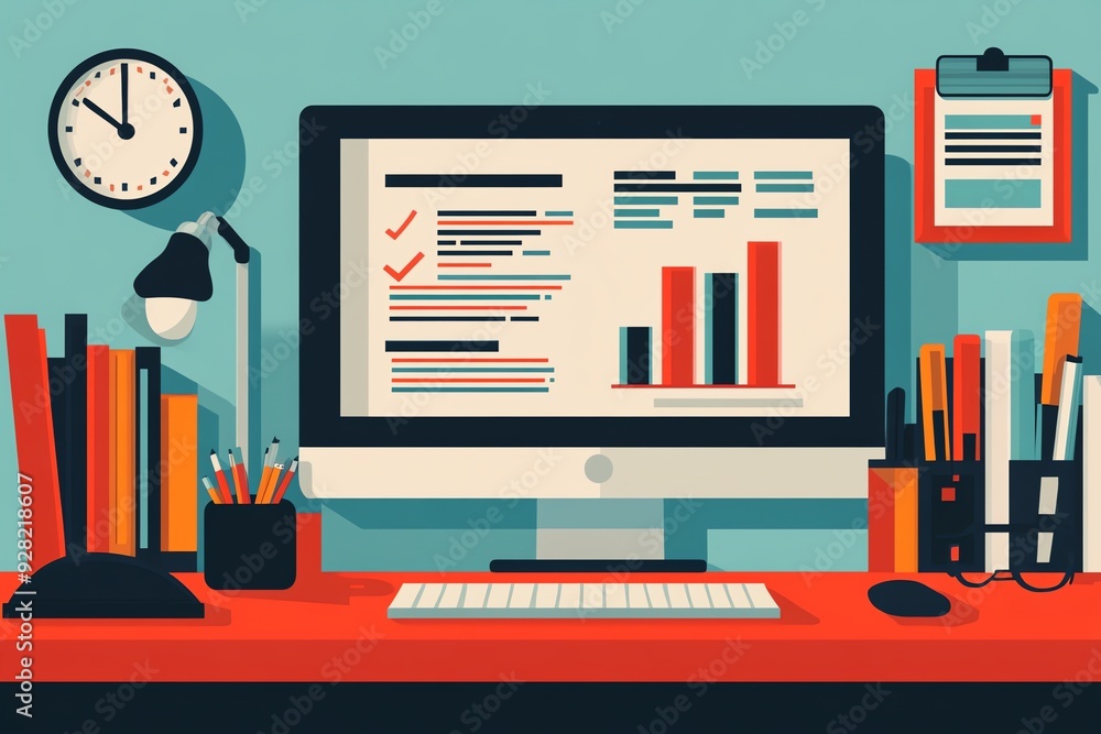Poster modern office desk with computer and charts.