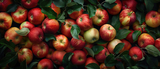 Obraz premium View of a bunch of fresh ripe Apple fruits with neatly arranged from above on a wide flat textured background 