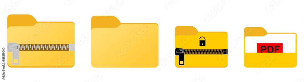 Poster set of file folder icon. document in folder, data folder. opened folder symbol, file document archiv