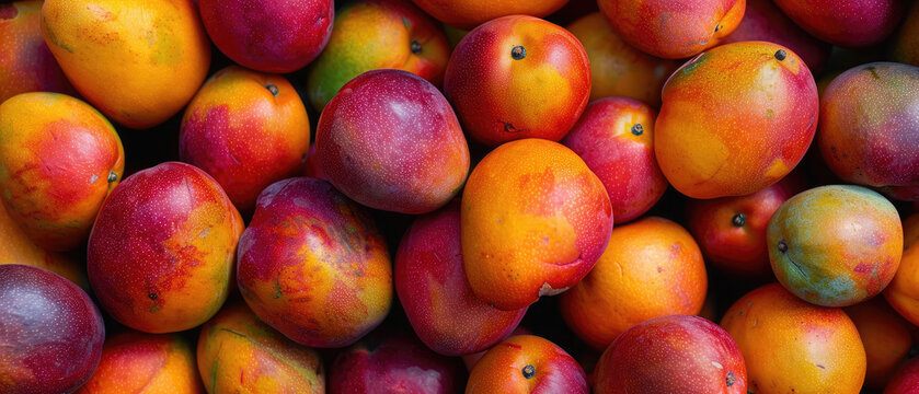 View of a bunch of fresh ripe Mango fruits with neatly arranged from above on a wide flat textured background 
