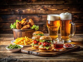 Tasty pub grub and refreshing drinks on a modern sports bar menu, featuring juicy burgers, crispy wings, and ice-cold beer against a rustic wooden backdrop. © Adisorn