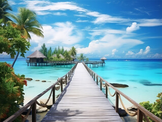 Obraz premium Amazing Beautiful water villas in tropical Maldives island at the sunrise time