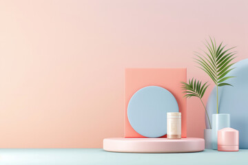 Modern minimalist display with pastel geometric shapes, a tropical plant, and skincare products, creating a soothing and stylish aesthetic perfect for lifestyle branding.
