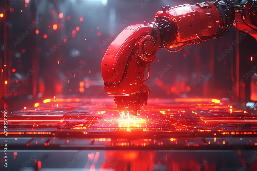 Poster red robotic arm over circuit board.